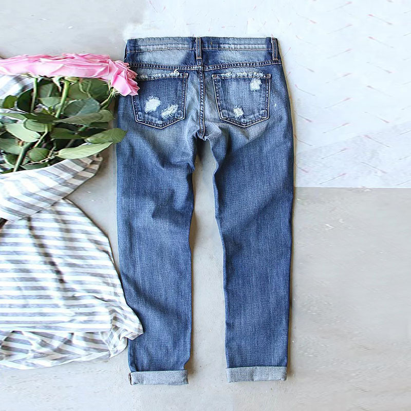 New distressed print casual straight waist women's water washed jeans