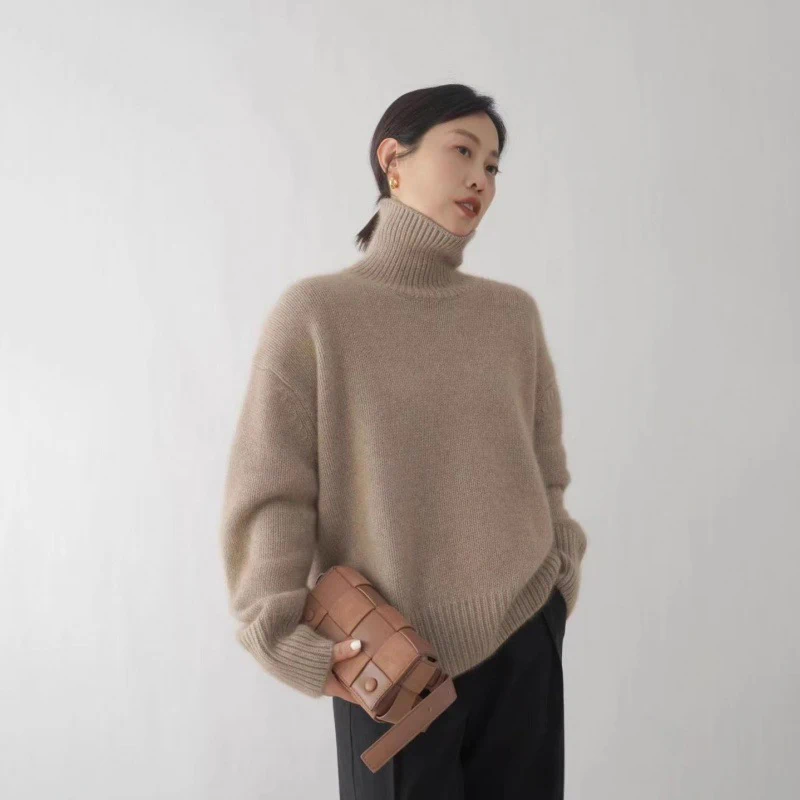 Womens Sweaters Cashmere Knitted Sweater For Women Elegant High Collar Turtle Neck Loose Thicken Warm Solid Color Knitwear Jumper L251018LODE