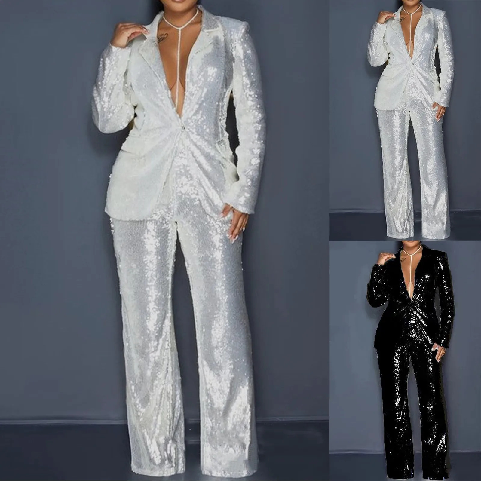 Sequin Pants and Blazer Set Women ious 2 Pieces Sets Spring Long Sleeve Blazer Coat High Waist Wide Leg Pants Suits Female 240815