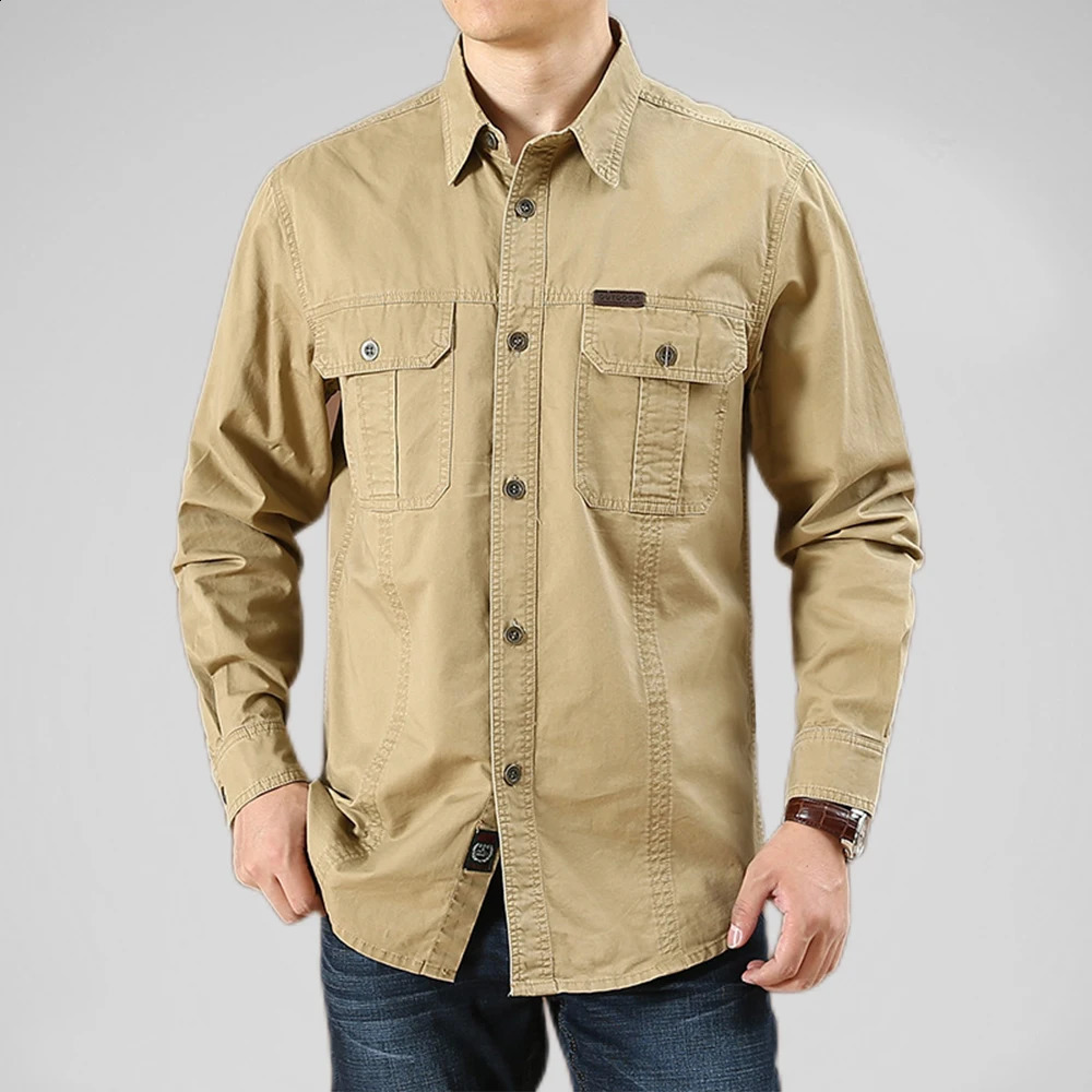 100% Cotton Mens Shirt Solid Color Multi-Pocket High Quality Cargo Shirts Fashion Outdoor Casual Long Sleeve Shirts for Men