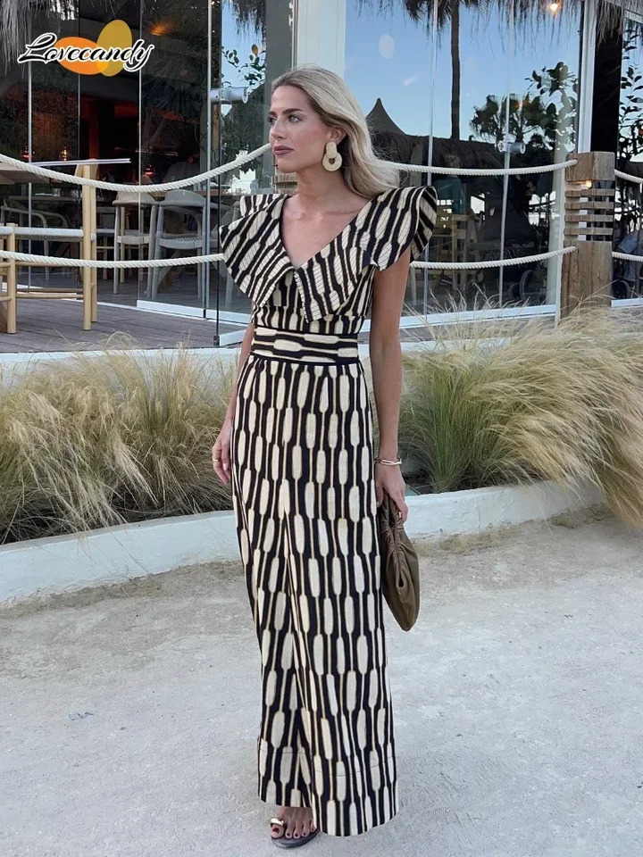 Women Fahsion Print V Neck Flying Sleeves Top Suit Female Fashion High Waist Aline Skirt 2024 Summer Lady Street Outfits 240816