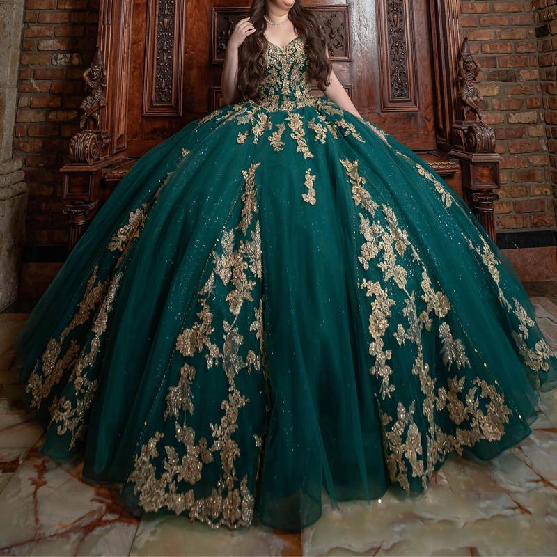 Emerald Green Princess Quinceanera Dresses Gold Applique Lace Beads Tull Corset or-length Birthday Party Dress Vestidos De Novia