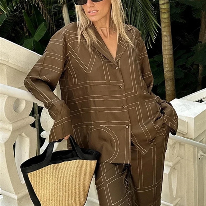 Loose Geometry Shirt Pants Set Women Lapel Long Sleeve Single Breasted Tops Wide Leg Pockets Trousers 2024 Casual Two Piece y240815