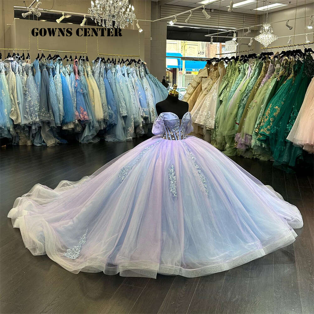 Eent Light Blue Butterflies Lace Appliques Off The Shoulder 15 Dress Quinceanera 2024 Ball Gown Corset Quince Dresses Lz0304