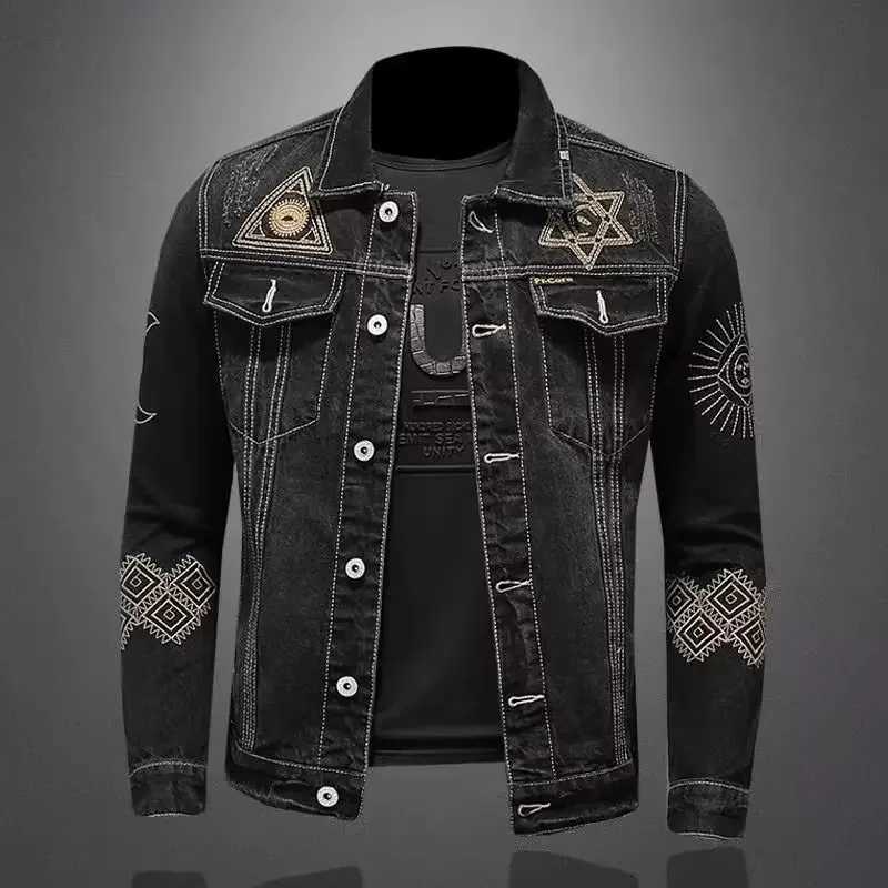 Fashionable European embroidery lapel denim jacket for men new retro streetwear casual loose workwear autumn and winterW240711