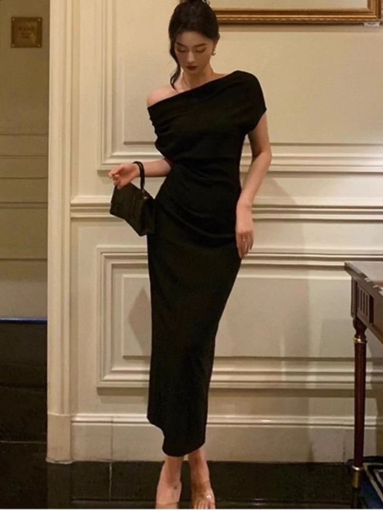 Elegant Off Shoulder Evening Party Dresses for Women Summer Fashion Slim Solid Vestidos Korean Prom Robe Female Clothing 240816