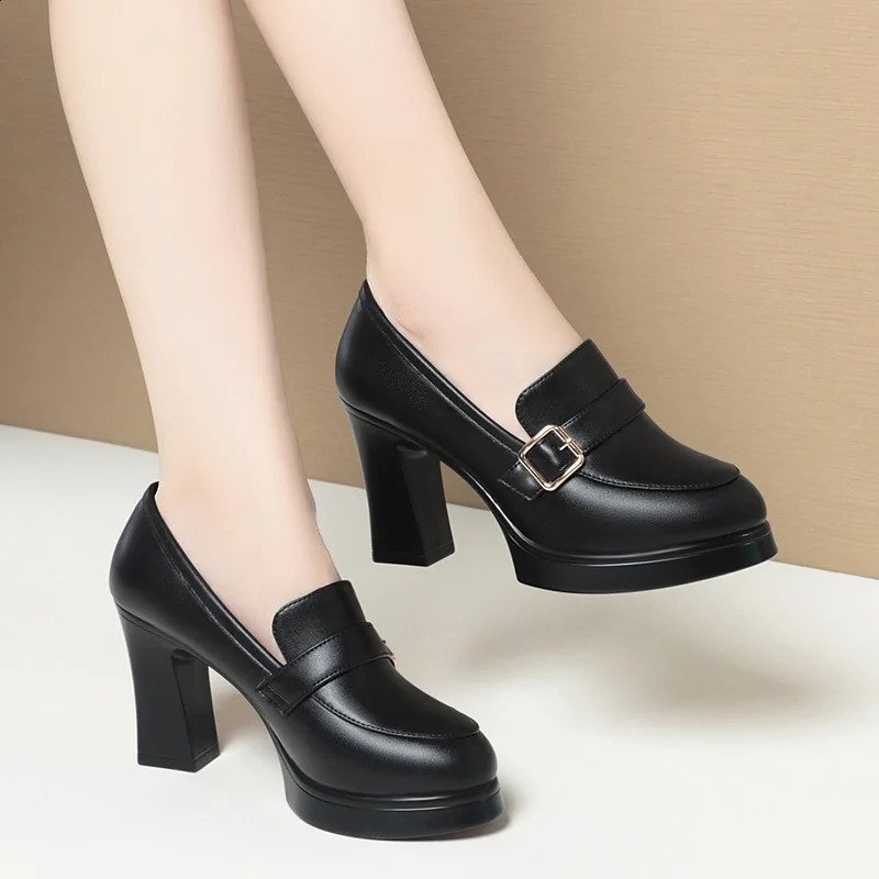 6cm 9cm Elegant Soft Leather Shoes Womens Black Platform Loafers Spring Block High Heels Shoes for Office Work Daily Mom 240815