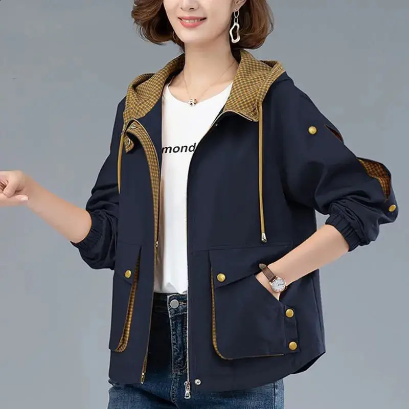 Womens short velvet autumn trench coat hooded casual plus size windproof top loose spring jacket womens M4XL 240814