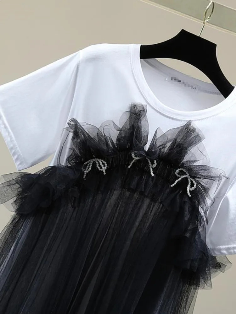 XFPV Womens Mesh Splicing Loose Slimming Comparison Beaded Bow Top Y2k T-shirt Round Neck Short Sleeve Sweet Korean Summer SM2782 240816