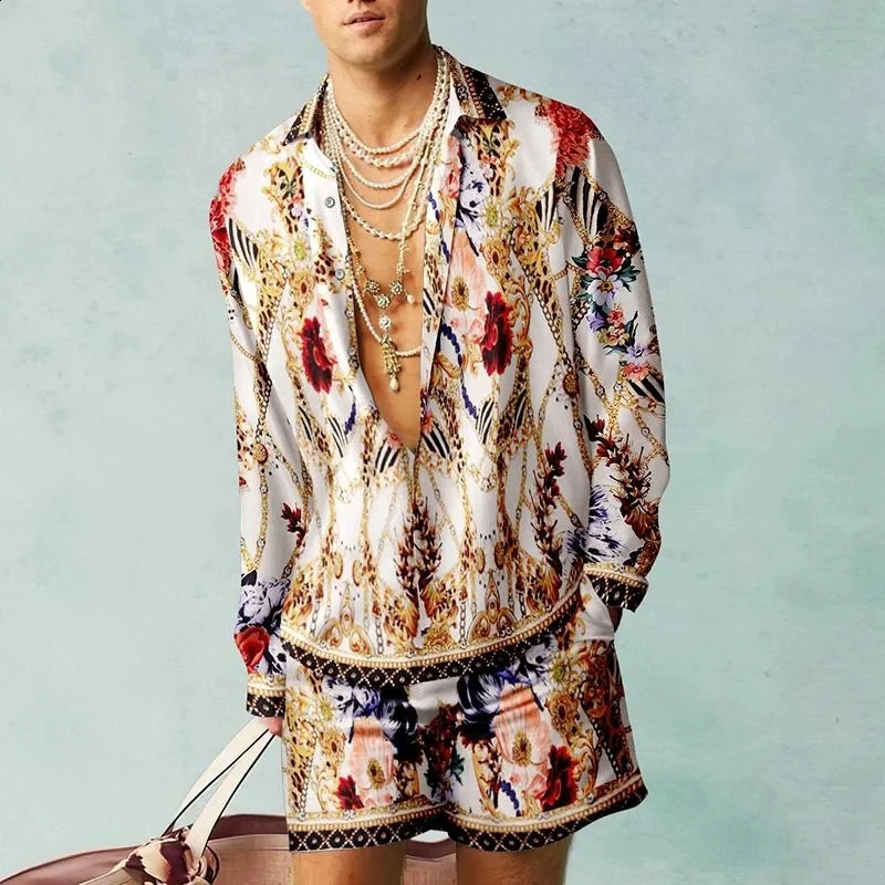 Vintage Hawaii Men Shirt 2Pcs Set 3D Print Man Casual Fashion Shorts Long Sleeve Shirts Oversize Summer Streetwear Suits Clothes 240815