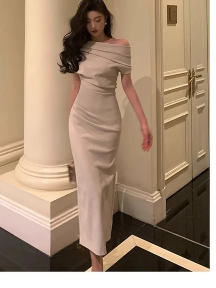 Elegant Off Shoulder Evening Party Dresses for Women Summer Fashion Slim Solid Vestidos Korean Prom Robe Female Clothing 240816