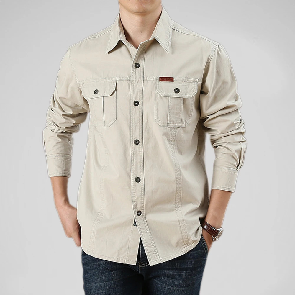 100% Cotton Mens Shirt Solid Color Multi-Pocket High Quality Cargo Shirts Fashion Outdoor Casual Long Sleeve Shirts for Men