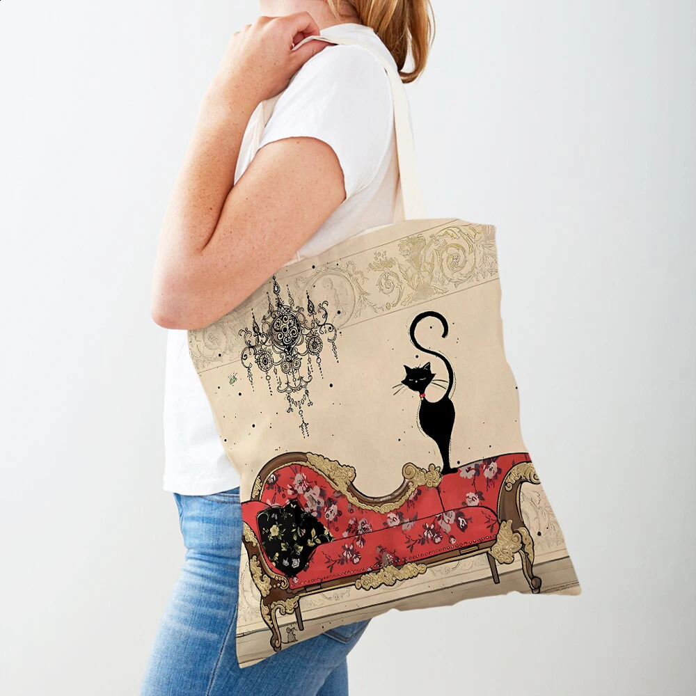 Quality New Cute Elegant Black Cat Women Shopper Bag Tote Handbag Pet Animal Print Canvas Cloth Both Sided Lady Shoulder Shopping Bags 240816