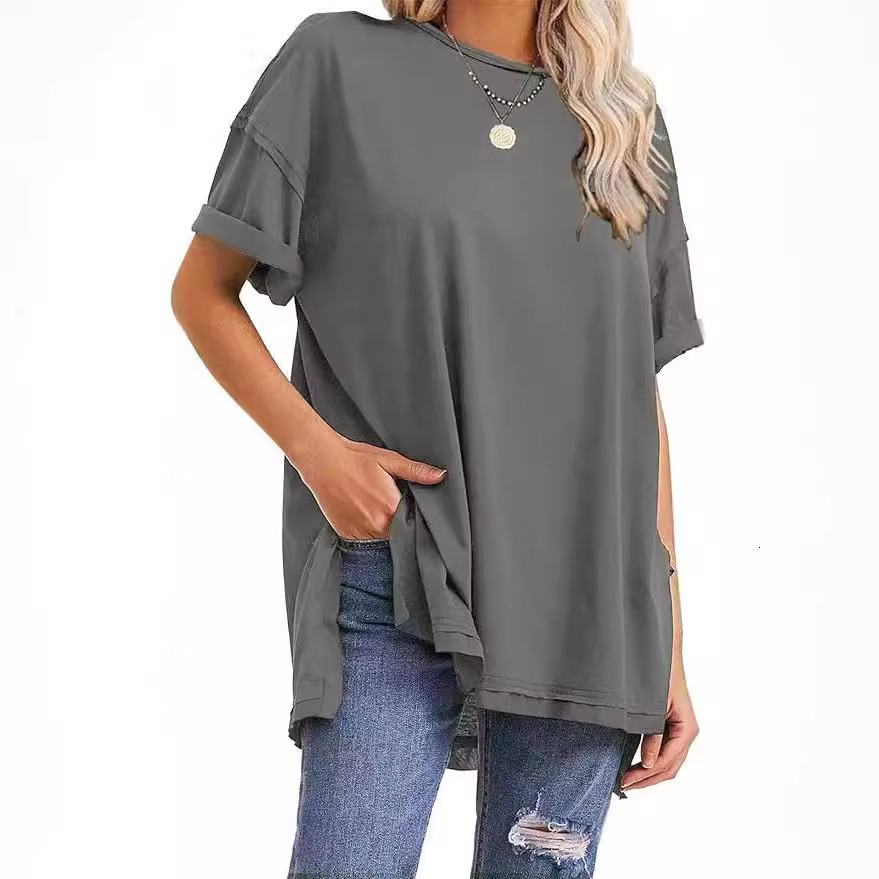 2024 Summer Women's Solid Color Cotton Round Neck Split Loose T-shirt on Both Sides