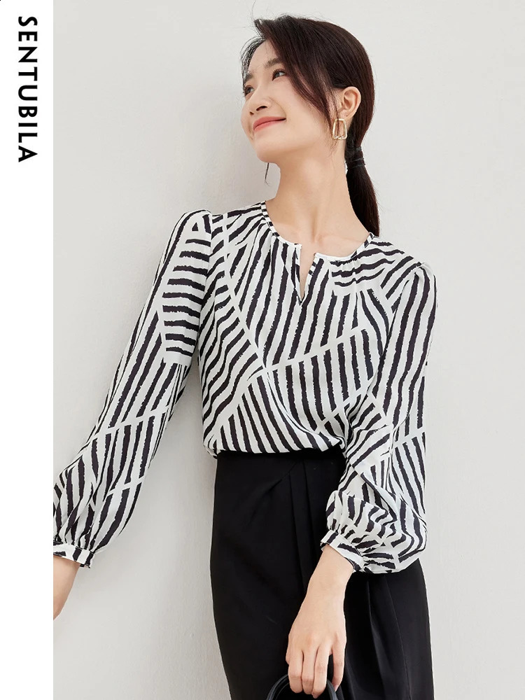 SENTUBILA Womens Elegant Printed Chiffon Top and Fashion Comparison Striped Round Neck Puff Sleeves Loose Autumn Shirt 240814