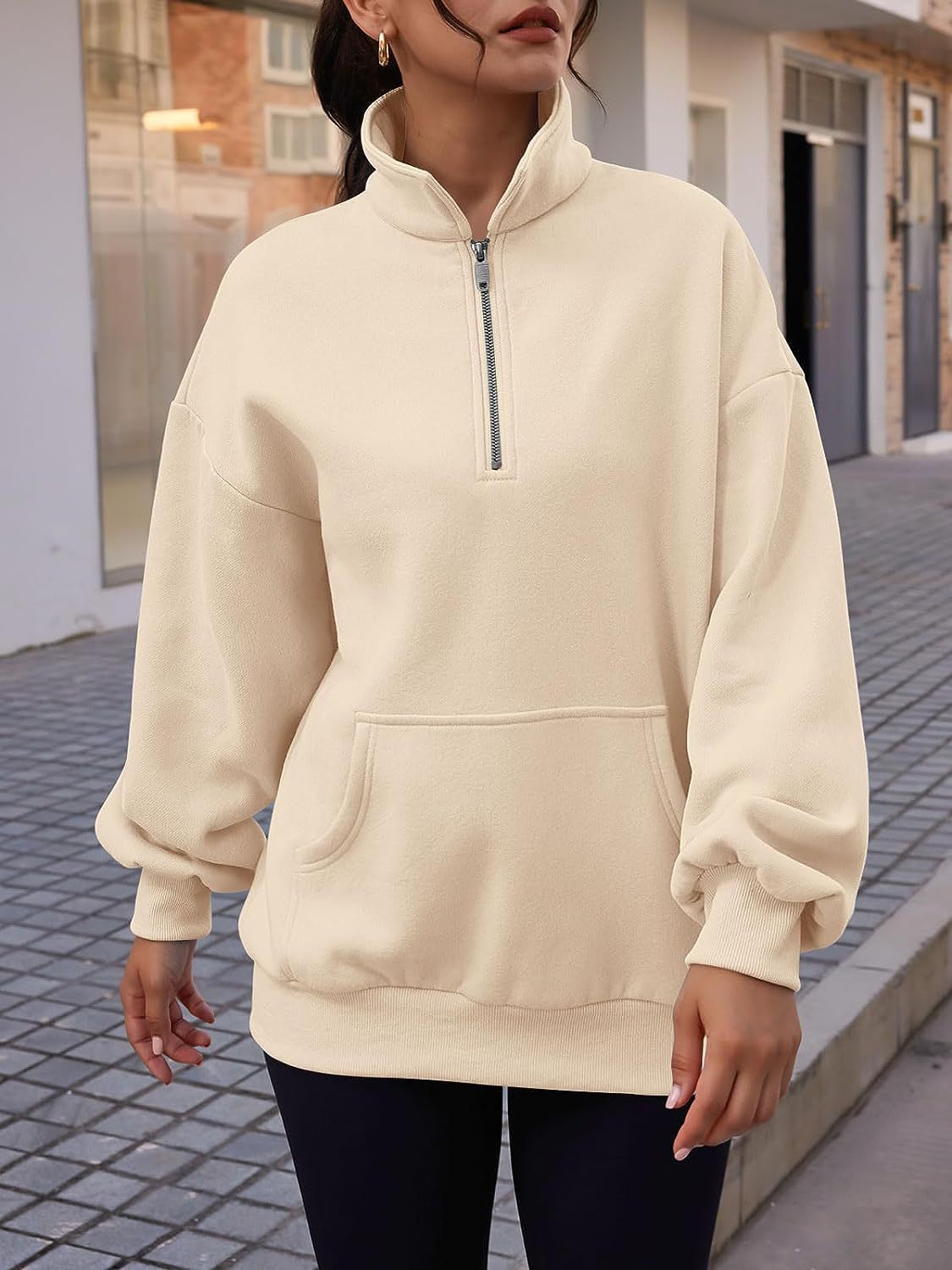 Stand Collar Casual Sweatshirts Half Zip Women Cropped Pullover Thumb Hole Overzised Hoodie Solid Color Plus Size Casual Sweater