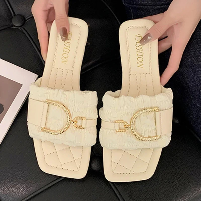 Summer Slippers Women Flat Crystal Design Outdoor Beach Flip ps Sandals Brand Slides Shoes Woman 2024 New Korean