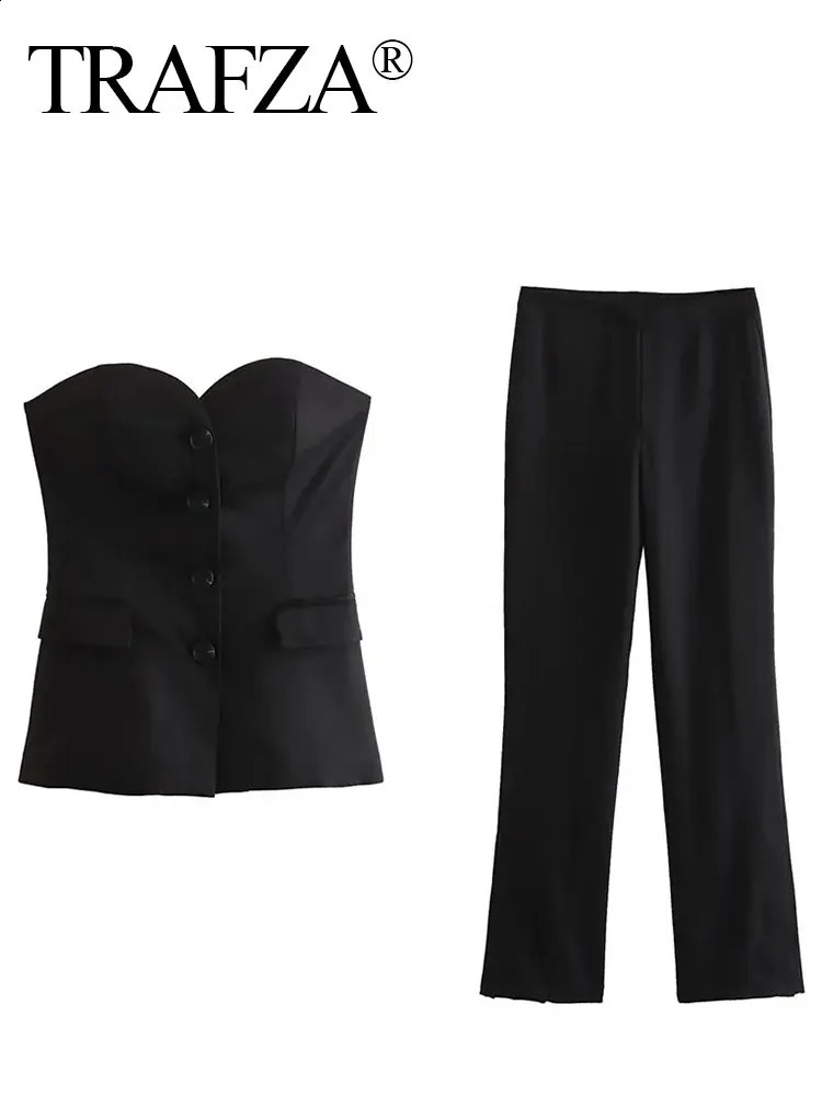 TRAFZA Women Elegant Solid Pant Suit Front Button Strapless Sexy Tank Tops Side Slit Trouser Female Fashion Streetwear Sets Y240829