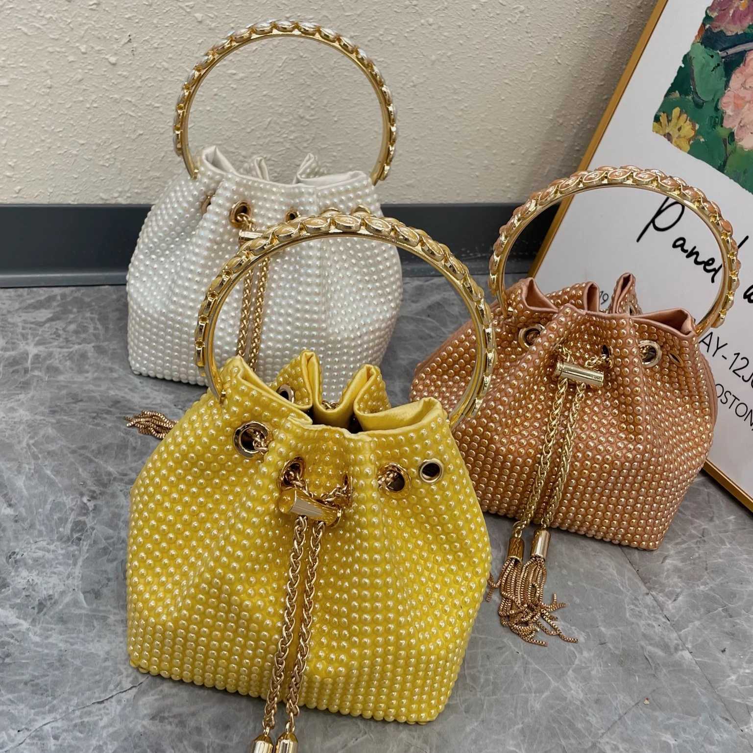 2024 New Handbag Handmade Diamond Ceramic Beads Bucket Bag Metal Sequined Tassel Shiny Candy Color Portable Messenger Bag Women CL240816