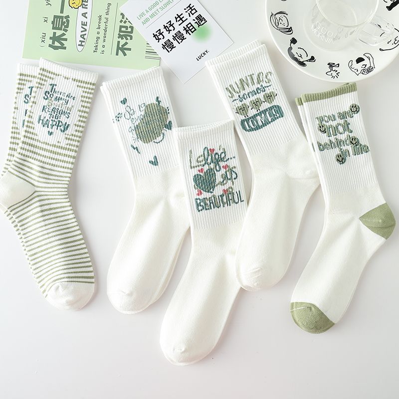 Ins Trendy Japanese Styles - Women's Long White and Green Sports Socks for Students