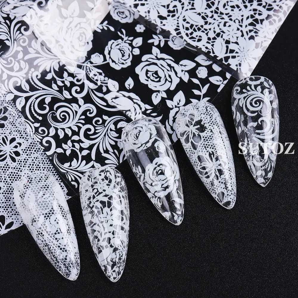 10pcs Black White Lace Nail Foil Sexy Floral Transfer Stickers Holographic French Flowers Decals Art Manicure Decoration NLLS-01XJ250120