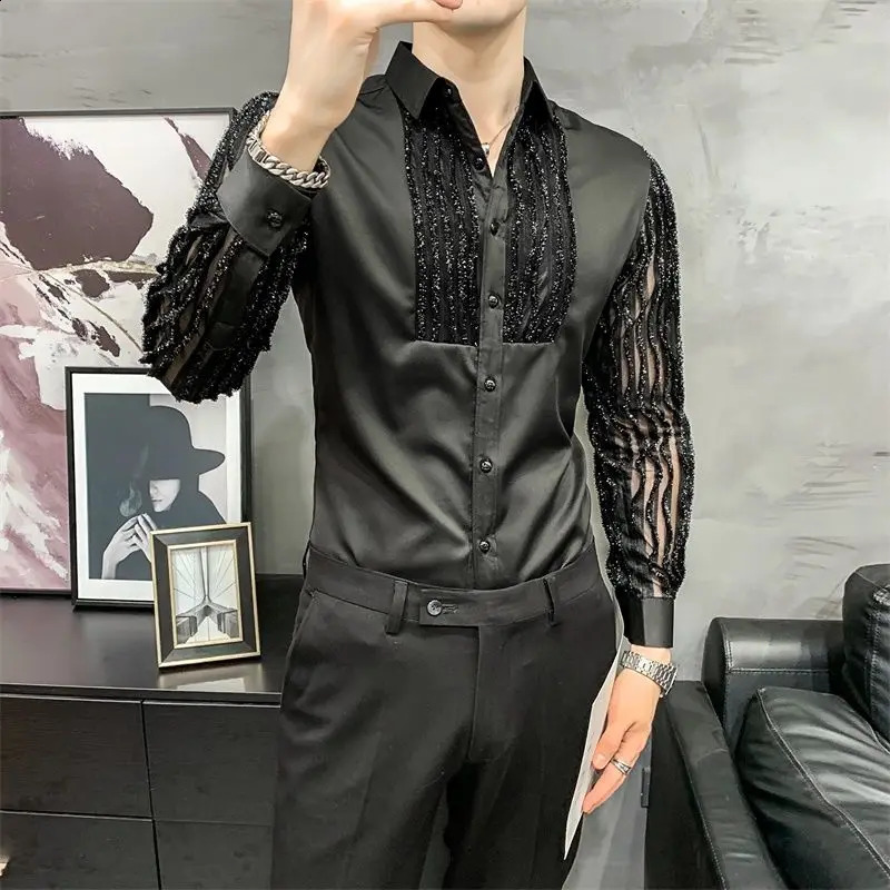 Sexy Tassels Groomsman Shirt Long Sleeve Lace Party Bar Casual Spring Autumn Outdoor Collared Dance Korean Men Blouses 240816