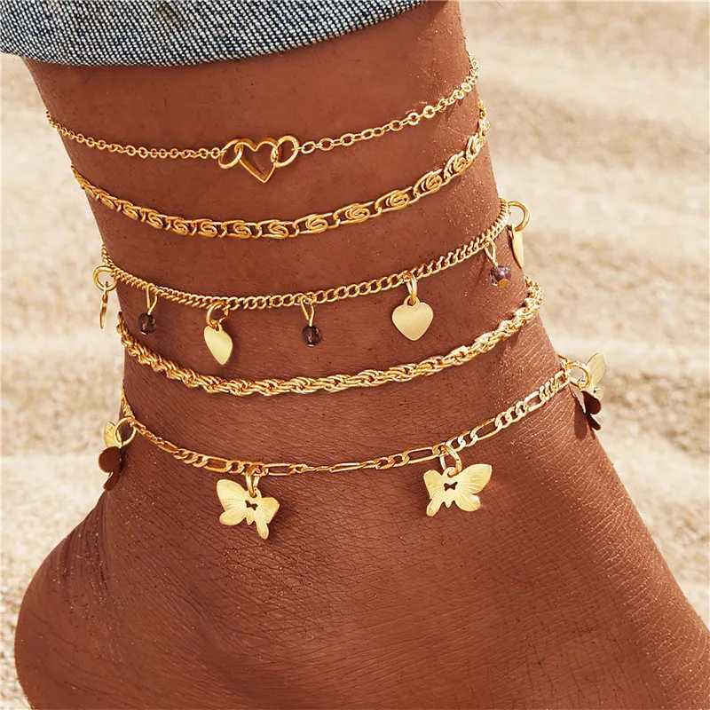 Bohemian zircon butterfly snake hollow pendant anklet womens summer beach gold multi-layer anklet bracelet womens leg chain W240815