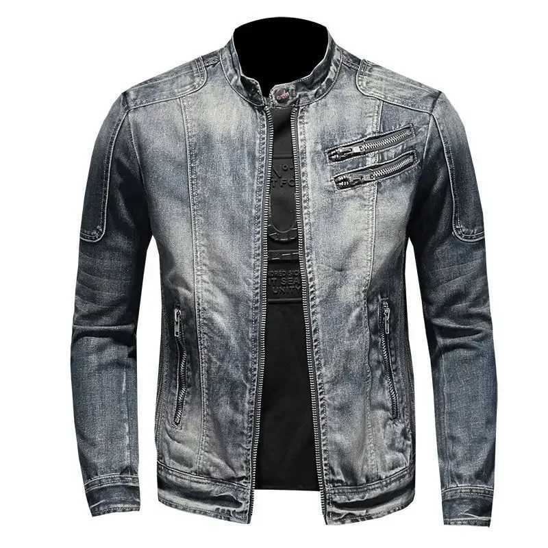 New mens denim jacket trend retro fashion casual stand up collar zipper jacket handmade cyclist clothing denim top W241011