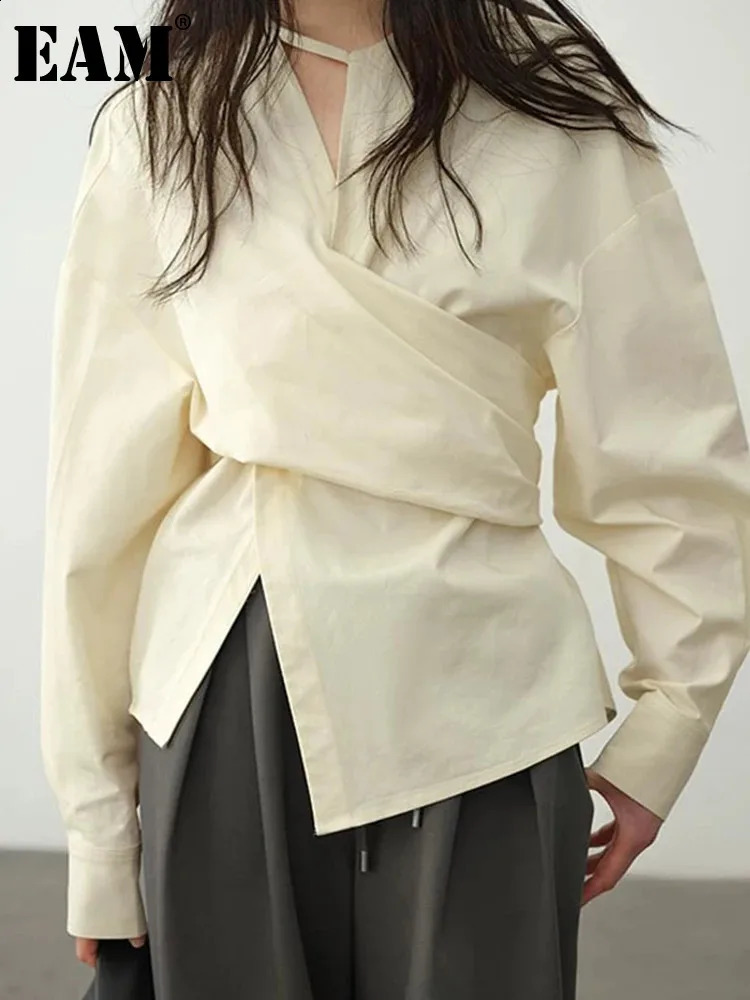 EAM Women Light Yellow Irregular Corss Big Size Elegant Blouse V-neck Long Sleeve Shirt Fashion Spring Autumn 2024 26D4283 240815
