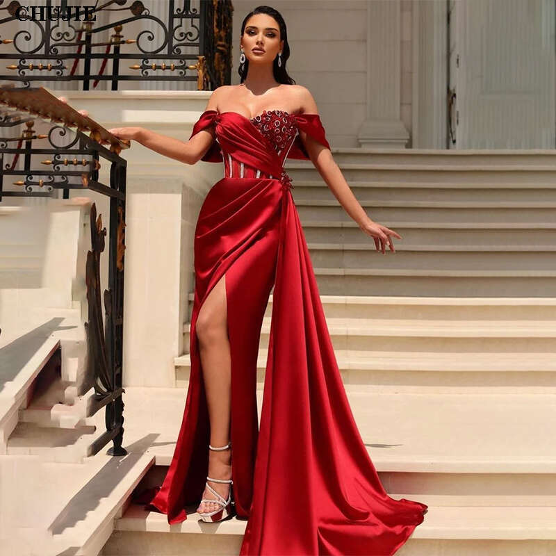 Elegant Evening Dress for Party Ball Gown Off Shoulder Satin Beaded Side Split Pleats Arabic Dubai Red Prom Gowns