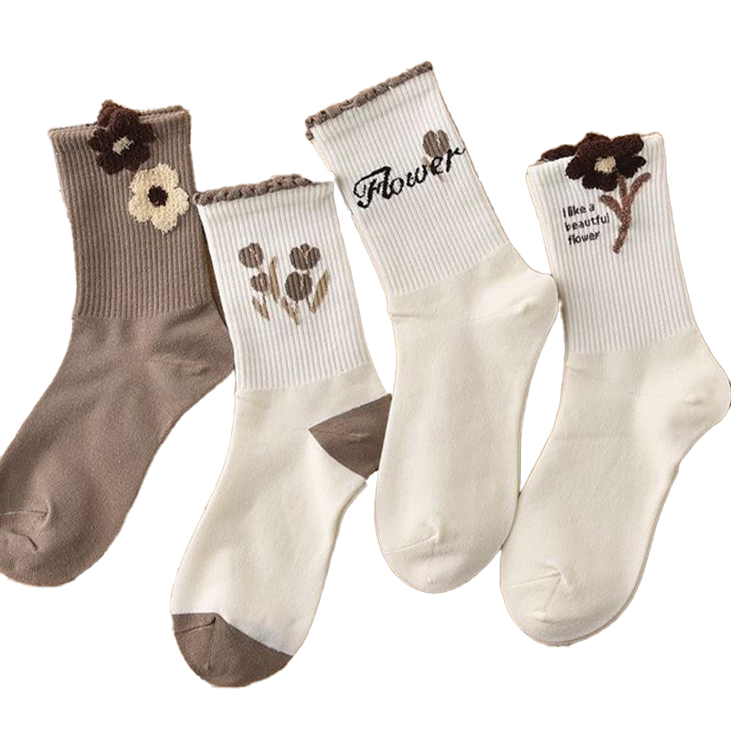 Women's socks autumn and winter plush flower long tube socks ins trendy versatile high beauty forest students coffee colored lace medium long