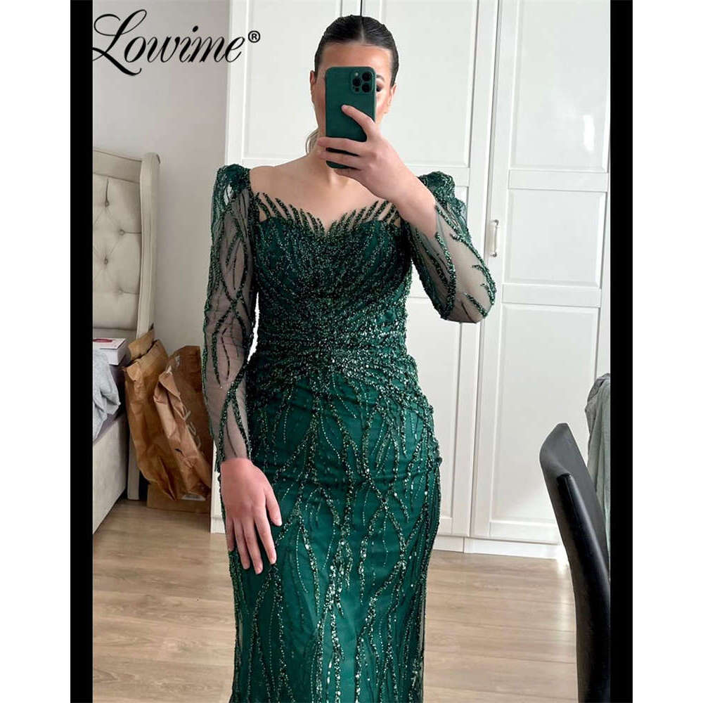Green Evening Dress With Detachable Train Women Arabic Long Sleeve Mermaid Party Gowns Abendkleider Plus Size Beads Prom Dresses 0227Lz