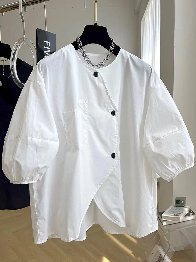 Elegant French Asymmetrical Button Chic Tshirt Tees Women Buttons Summer Short Sleeve Shirt Korean Fashion Top 240816