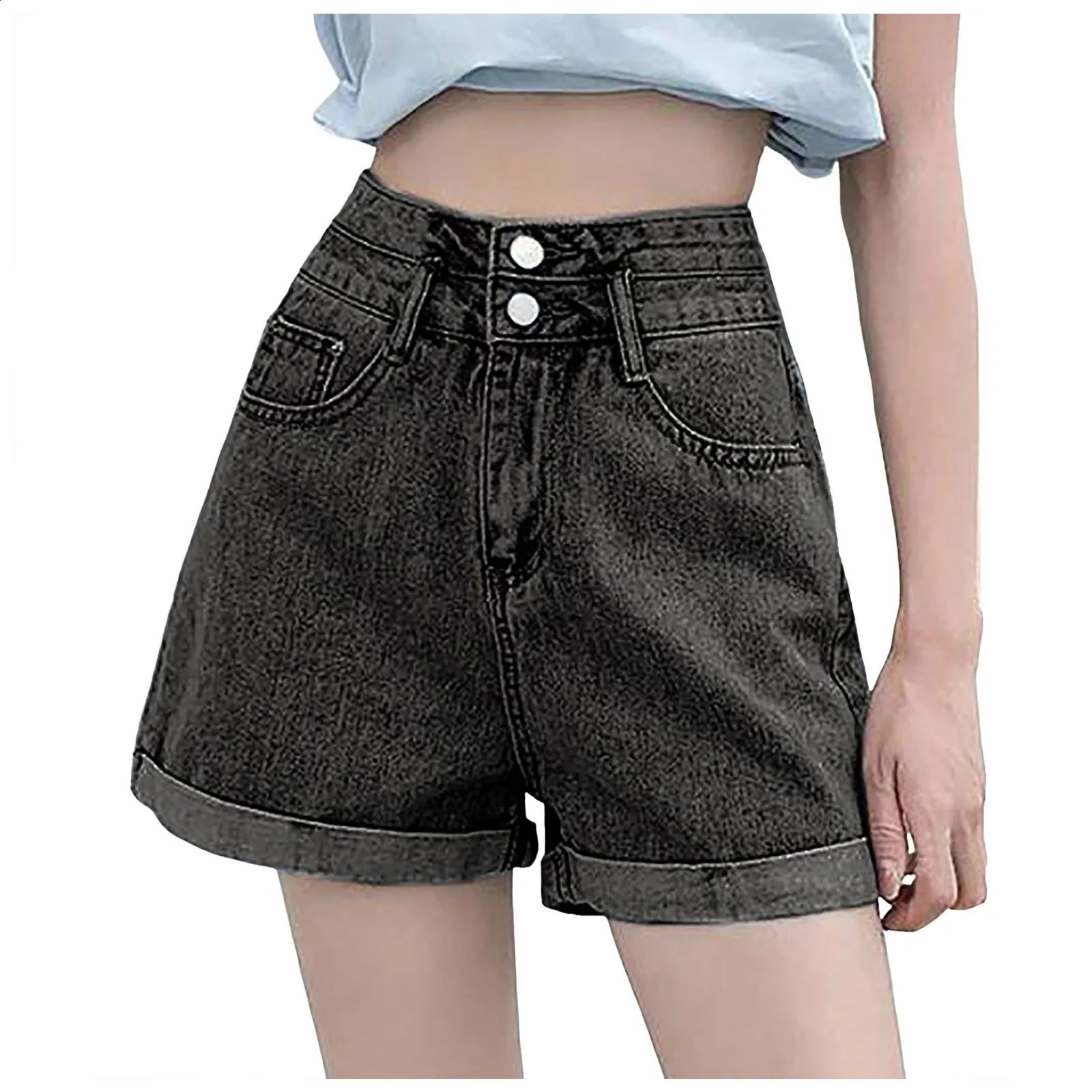 Y2k Denim Shorts Women Wide Leg Rolled Up High Waist Elastic Korean Straight Shorts Buttons Up Casual Baggy Jeans Shorts Pants 240823