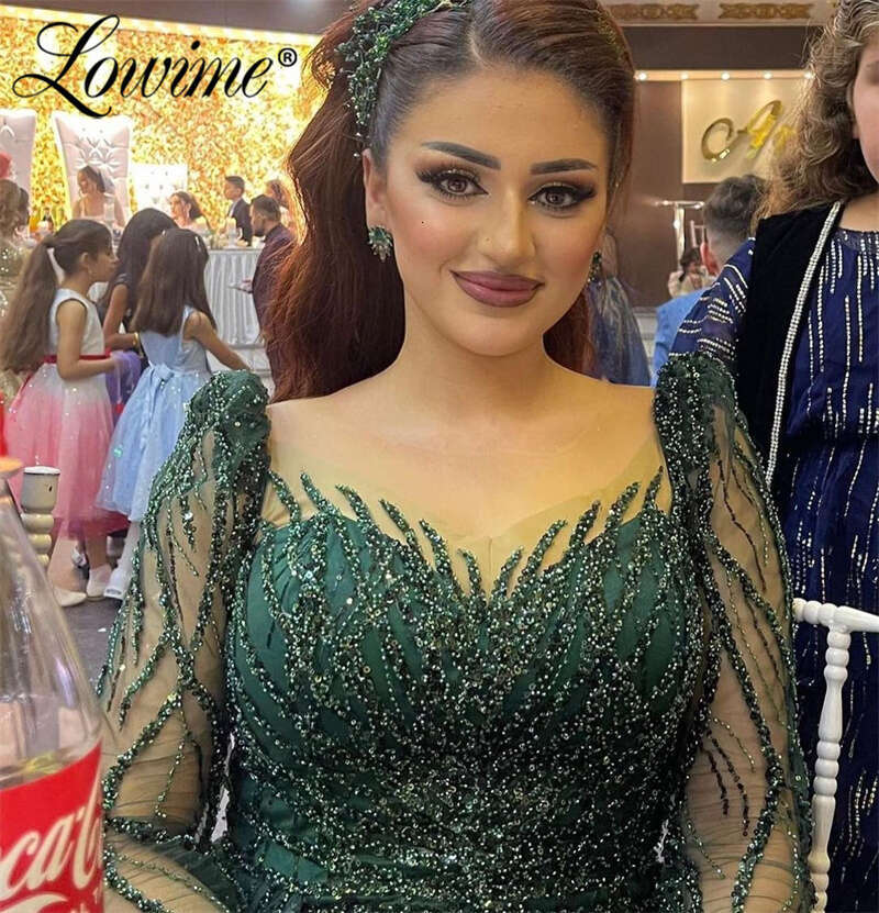 Green Evening Dress With Detachable Train Women Arabic Long Sleeve Mermaid Party Gowns Abendkleider Plus Size Beads Prom Dresses 0227Lz