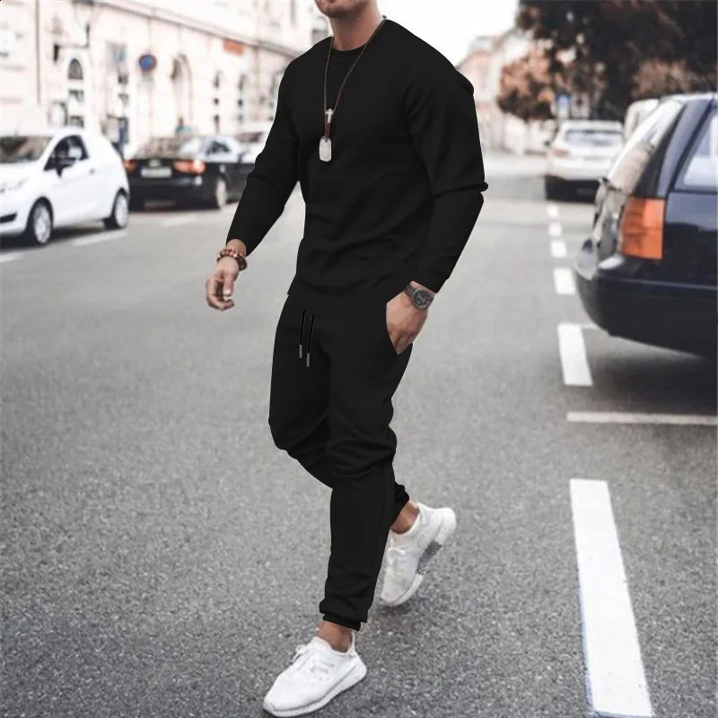 two-piece running sweatshirtsweatpants set autumn and winter warm sportswear set mens hoodie solid color clothing 240827