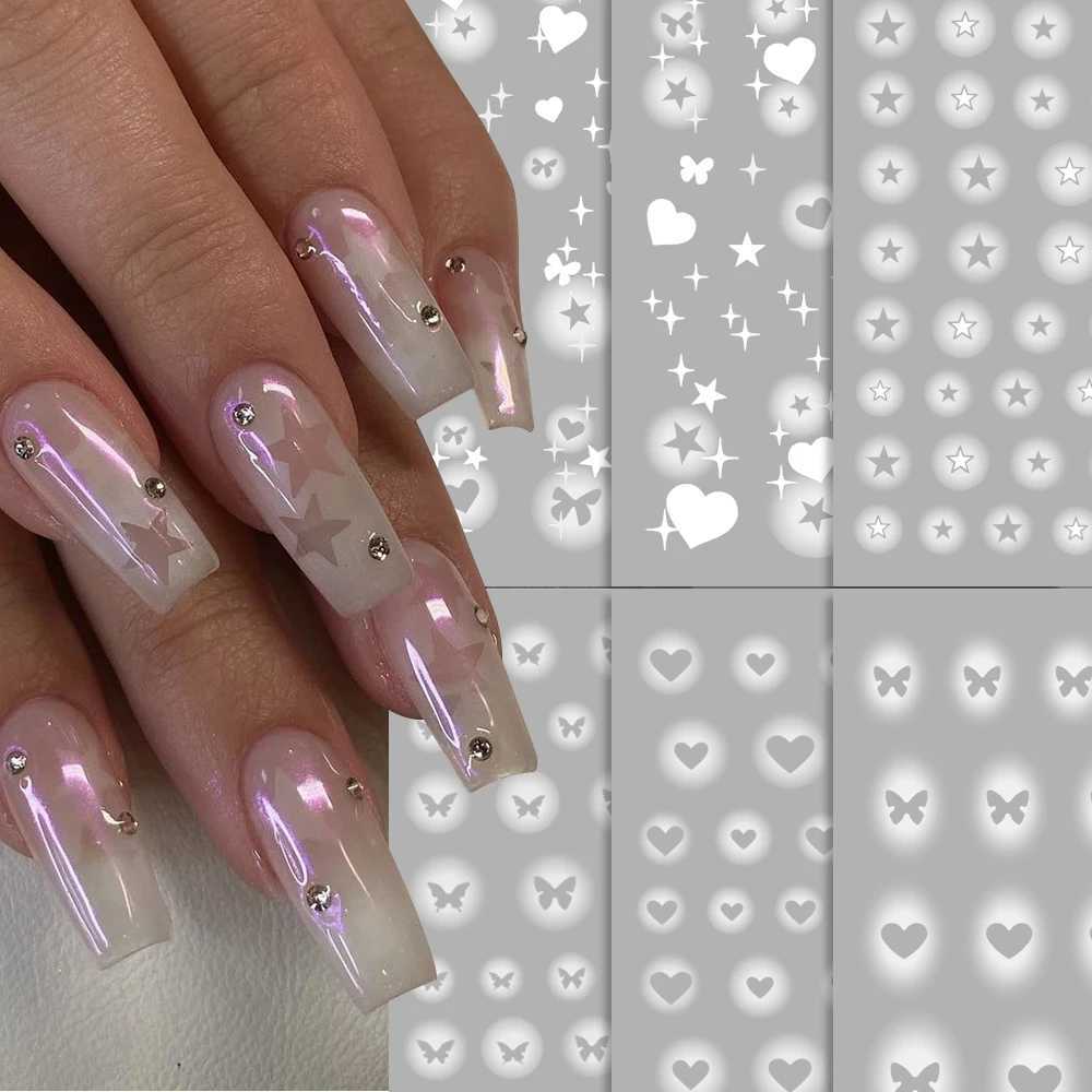 1pc Heart Star Nail Art Stickers Self-Adhesive Nail Decals 5D Translucent Stars Hollow Love Airbrush Nail Slider French StickersXJ250120