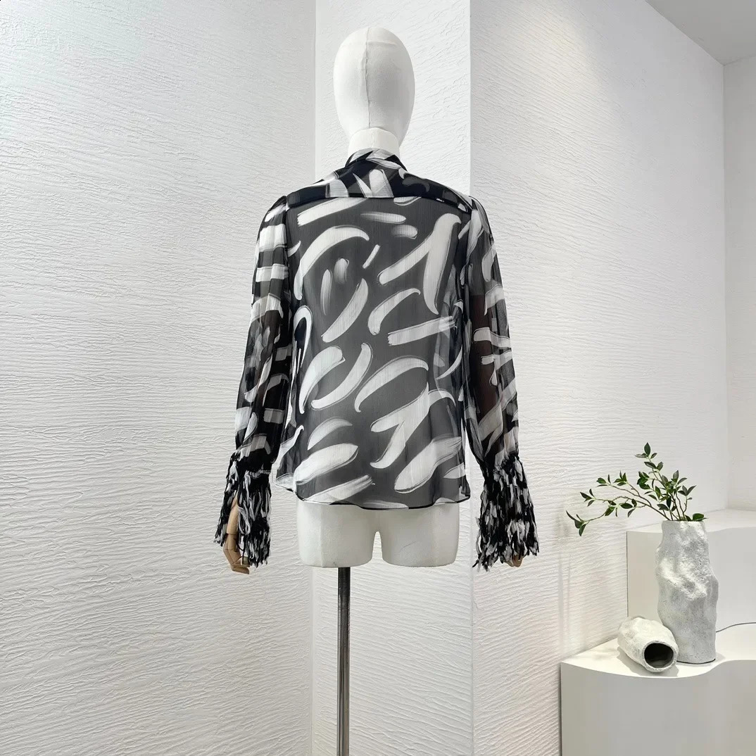 Pure silk highquality front button closed black and white handpainted long sleeved tassel womens shirt top 240814