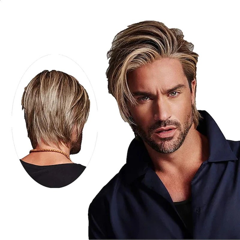 HAIRJOY Man Synthetic Hair Brown Short Layered Wig Male Curly Wigs 240806
