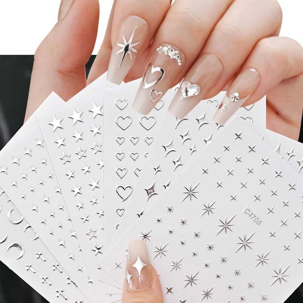 6Pcs/set Metal Mirror Silver Star Nail Art Sticker Bronzing Sun/Moon/Star Nail Decal Self-Adhesive Laser Star Manicure SliderXJ250120