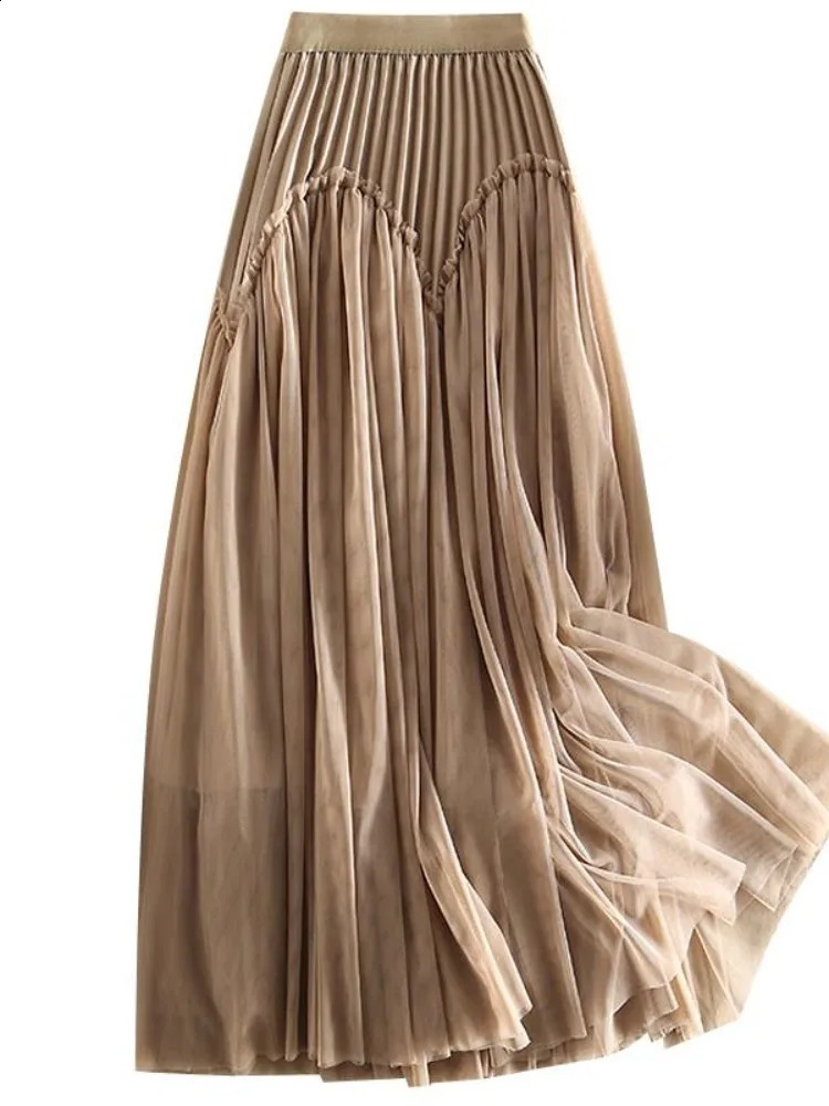 UCXQ Elegant Womens Clothing Lace Spliced Mesh A-line High Waist Khaki Black Fashion Skirts Female 2024 Spring Summer 23A7144 240815