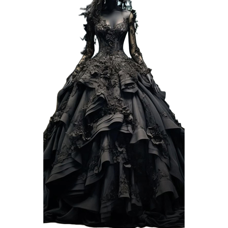 Elegant Gothic Black Wedding Dress with Long Sleeves & 3D ral Appliques for Brides - A-e Style Ruffle Tiered Vintage Women Dresses