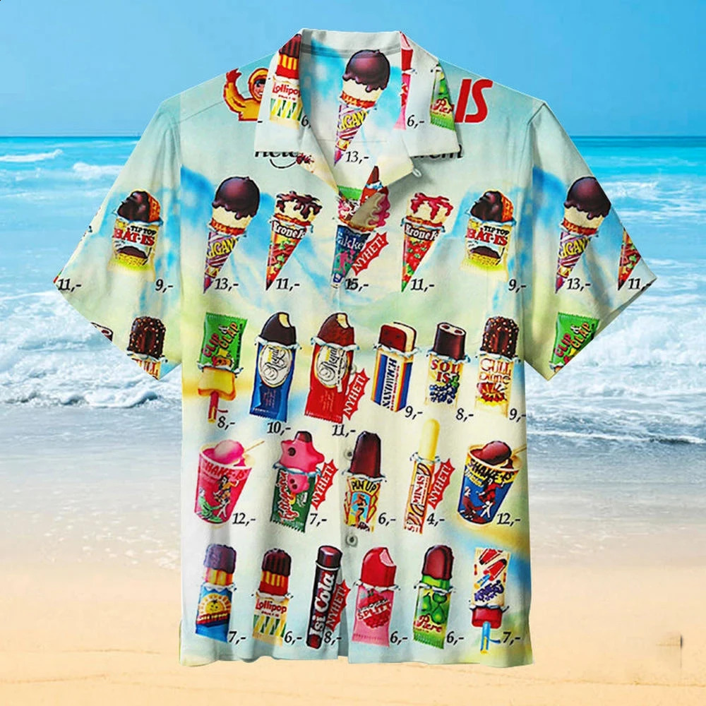 Summer Funny Ice Cream Graphic Party Shirts For Men 3D Hawaiian Cold Popsicle Print Beach Shirt Casual Vacation Ice cream Blouse 240816