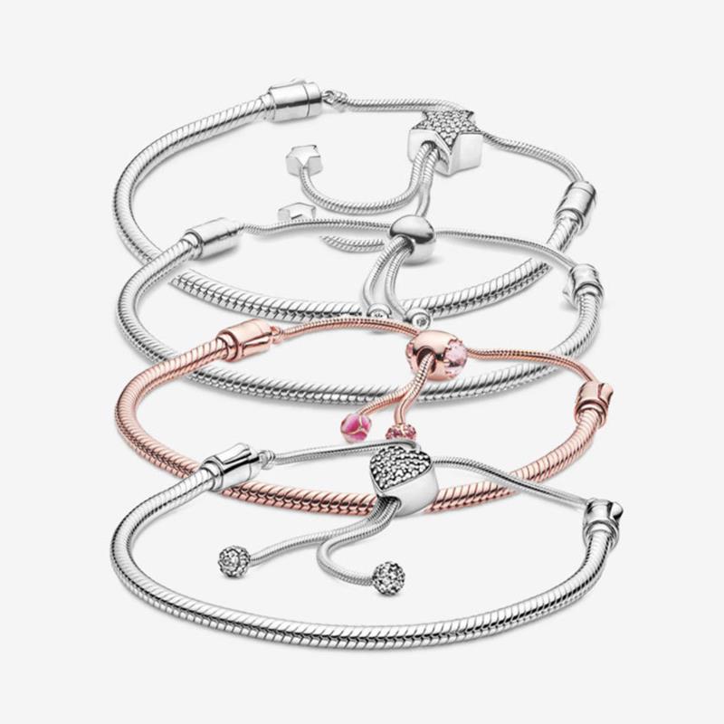 Silver 925 Rose Moments Heart Clasp Snake Chain Slider Bracelets For Women Charms Beads Jewelry Making Free Shipping