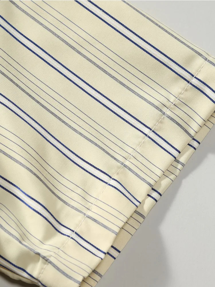 Mens Vertical Stripes Button Up Short Sleeves Casual Shirt Light Yellow Basic For Summer 240816
