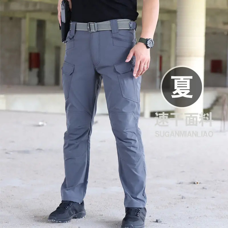 Summer Thin Loose Training Pants Man Sharkskin Soft Shell Quick Drying Rainy Day Outdoor Multiple Pockets Tactical Trousers 240812