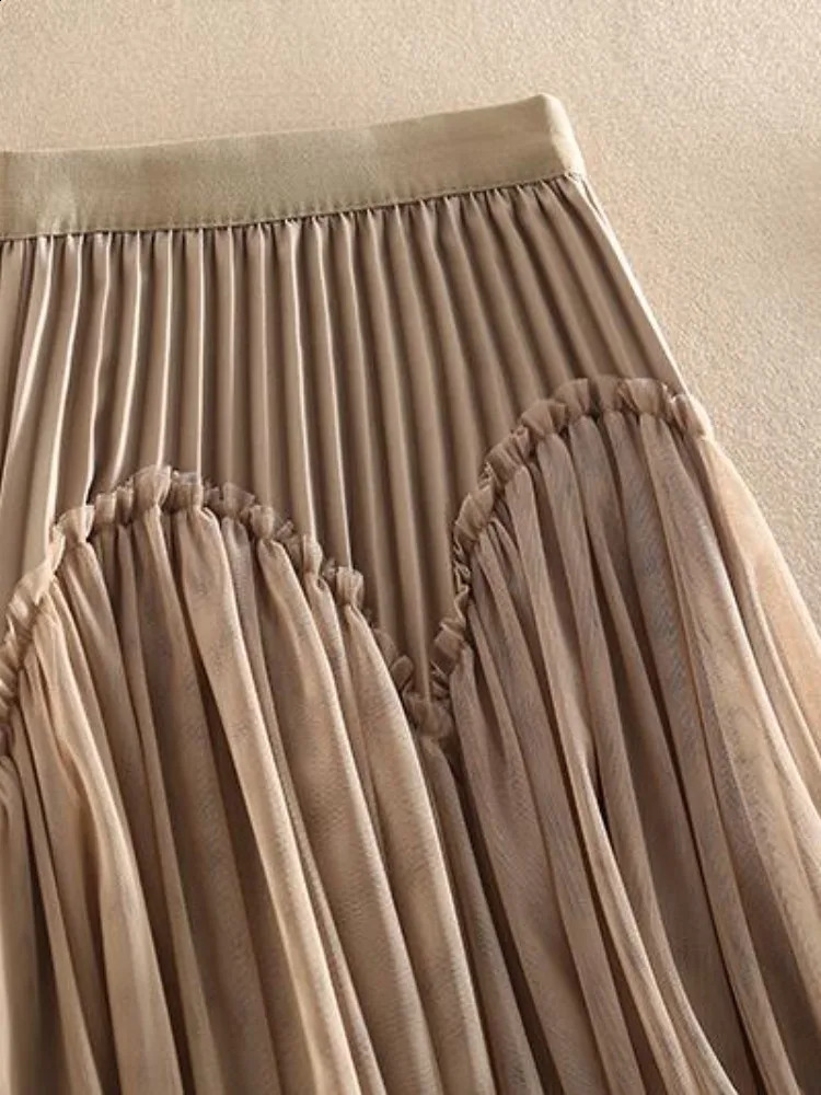 UCXQ Elegant Womens Clothing Lace Spliced Mesh A-line High Waist Khaki Black Fashion Skirts Female 2024 Spring Summer 23A7144 240815