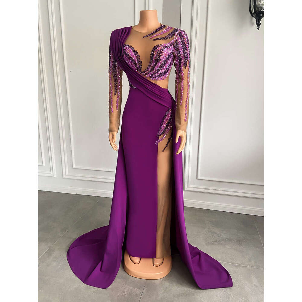 Sleeve Long Dresses Real Sample Pearls Dubai Women Purple Satin Sheer Formal Evening Gowns