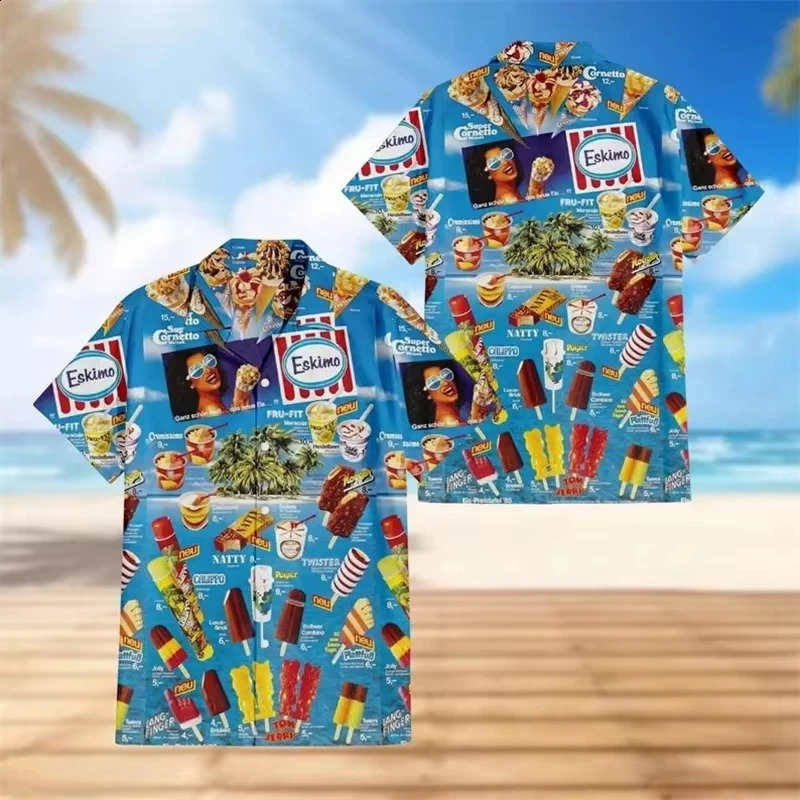 Summer Funny Ice Cream Graphic Party Shirts For Men 3D Hawaiian Cold Popsicle Print Beach Shirt Casual Vacation Ice cream Blouse 240816