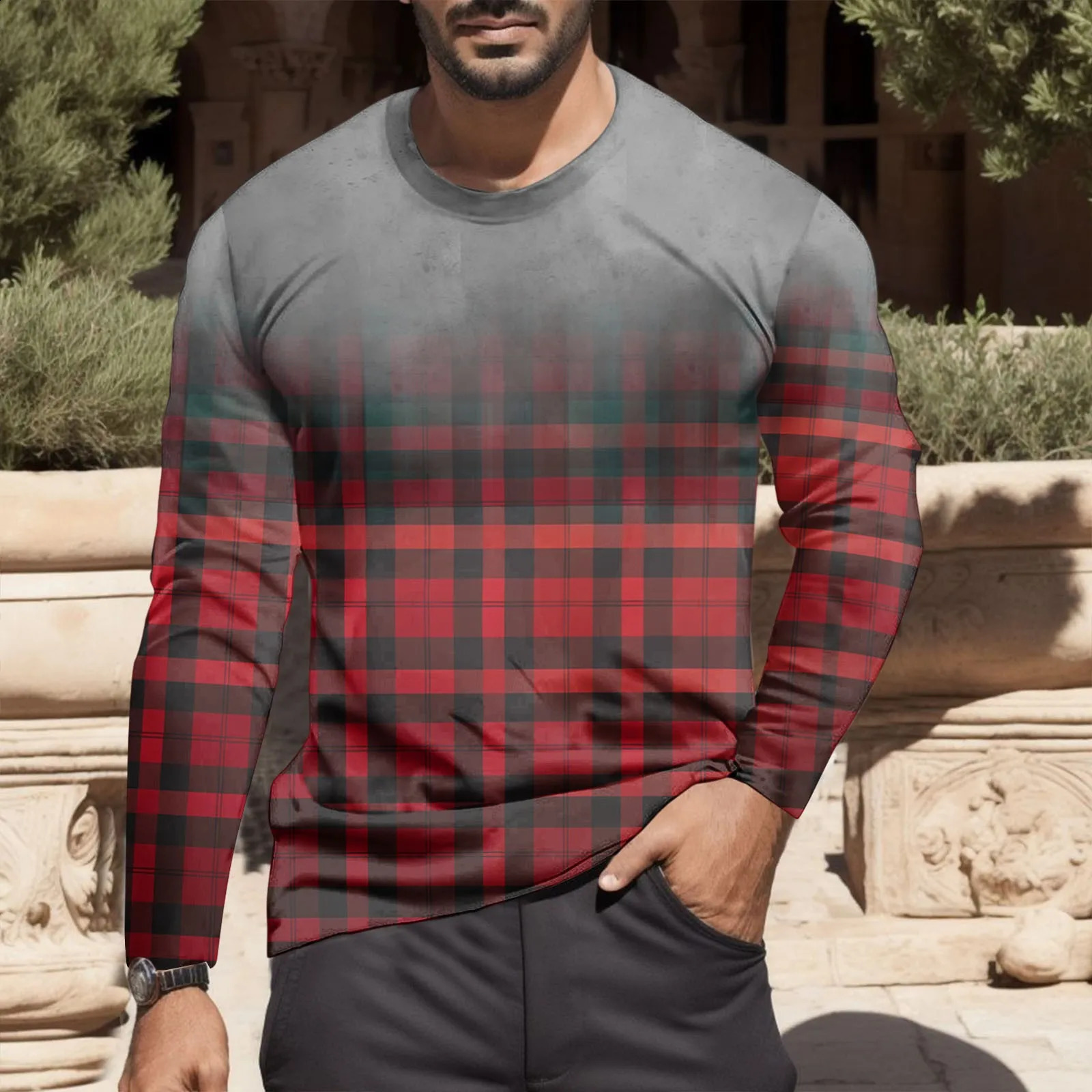 Male Autumn And Winter Fashion Printed Round Neck Long Sleeve T Shirt Retro Full Print Shirts Big Tall Mens Plain 240815